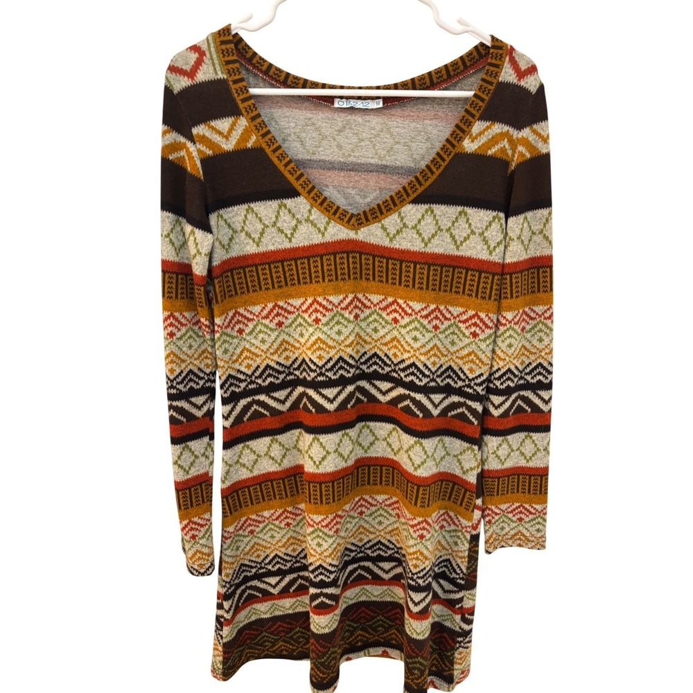 OB2-12 Women's Geometric Sweater Dress Brown Orange Long Sleeve Medium